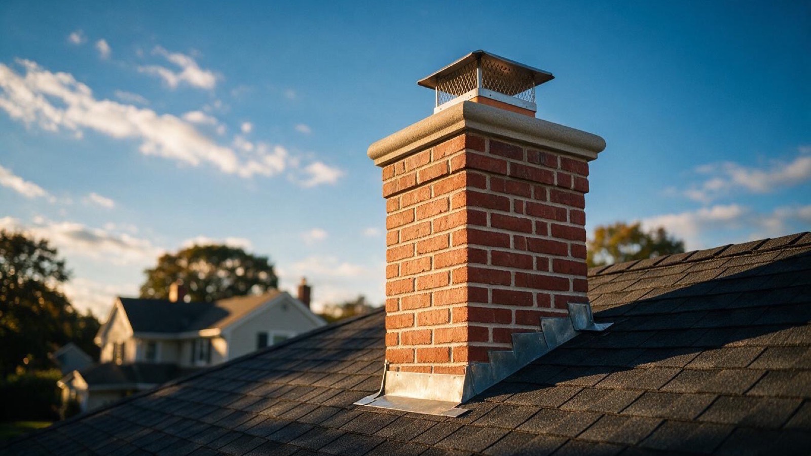 Restored brick chimney with new crown, cap and flashing on a Long Island home