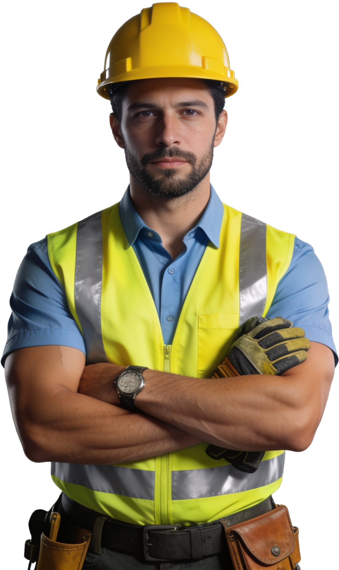 Cape Co Construction roofer in a hard hat and safety vest, arms folded