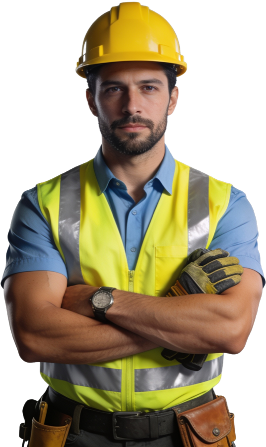 Cape Construction roofer in a hard hat and safety vest, arms folded