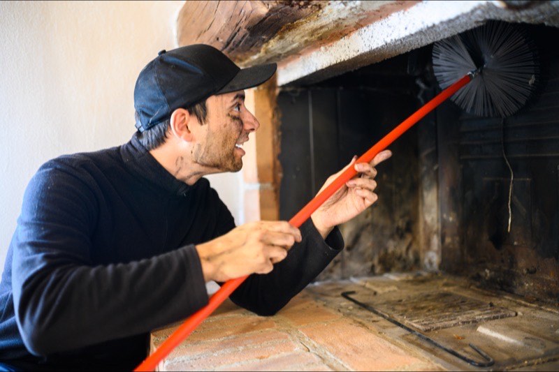 Chimney sweep cleaning a flue