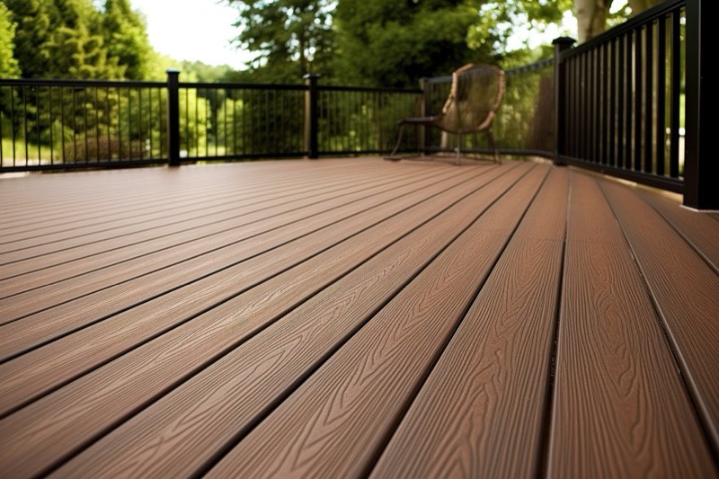 Composite deck boards installed on a backyard deck