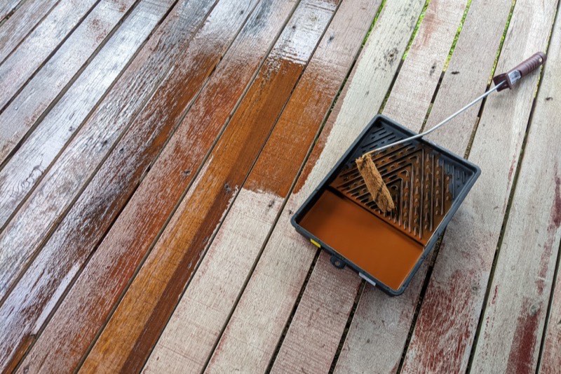 Freshly stained wood deck
