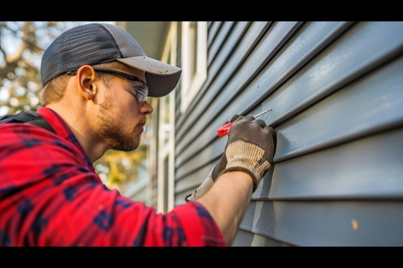 Damaged siding panel being repaired